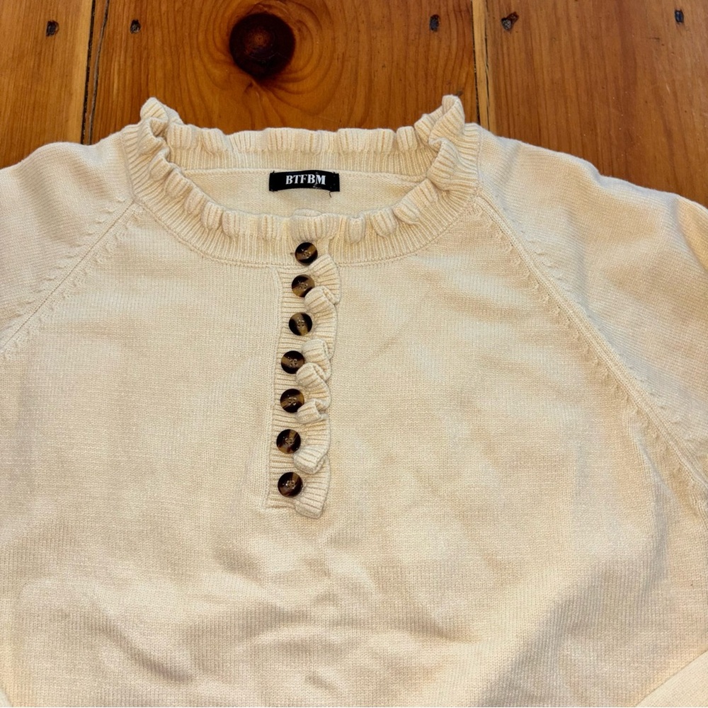 BTFBM Cream Ruffle Neck Button Sweater Boho Cottagecore - Picture 10 of 16